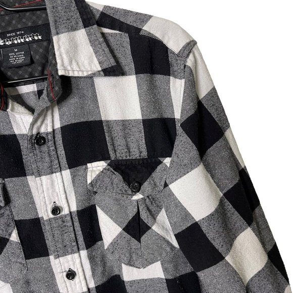 Koman Mens M Black and White Plaid Flannel Shirt Long Sleeve Button Chest Pocket - Picture 6 of 12